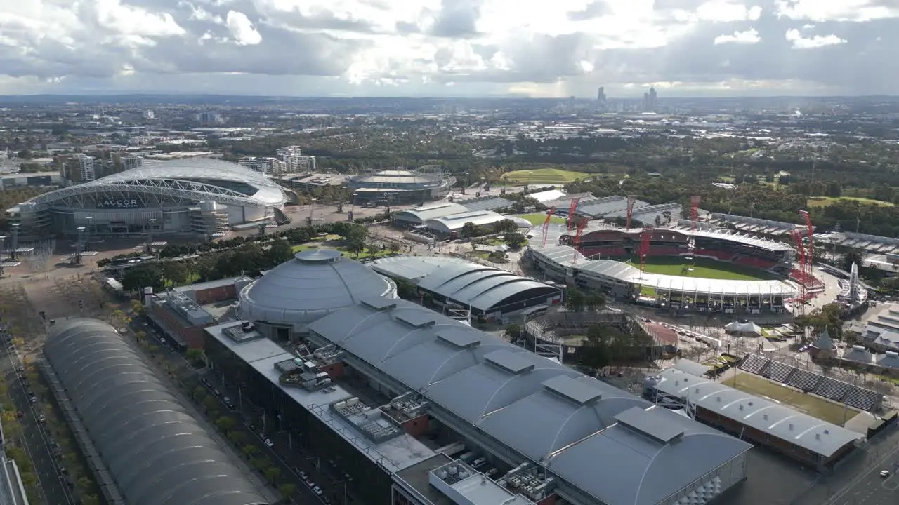 Aerial view of Sydney Olympic Park features Accor Stadium Qudos Bank Arena and Giants Stadium Sydney Showground