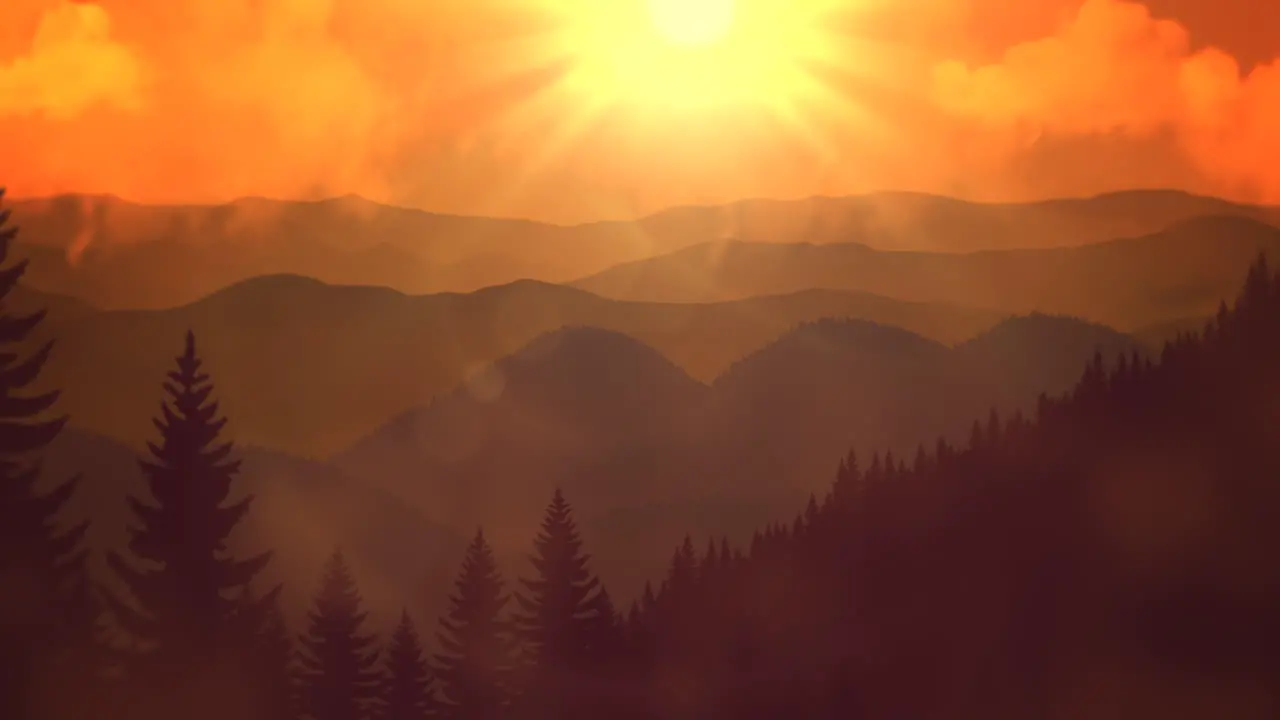 Sunset landscape with sun beams and forest in summer time