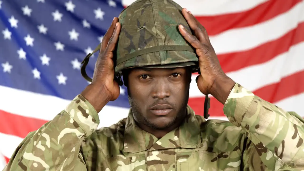 Portrait of military soldier wearing helmet