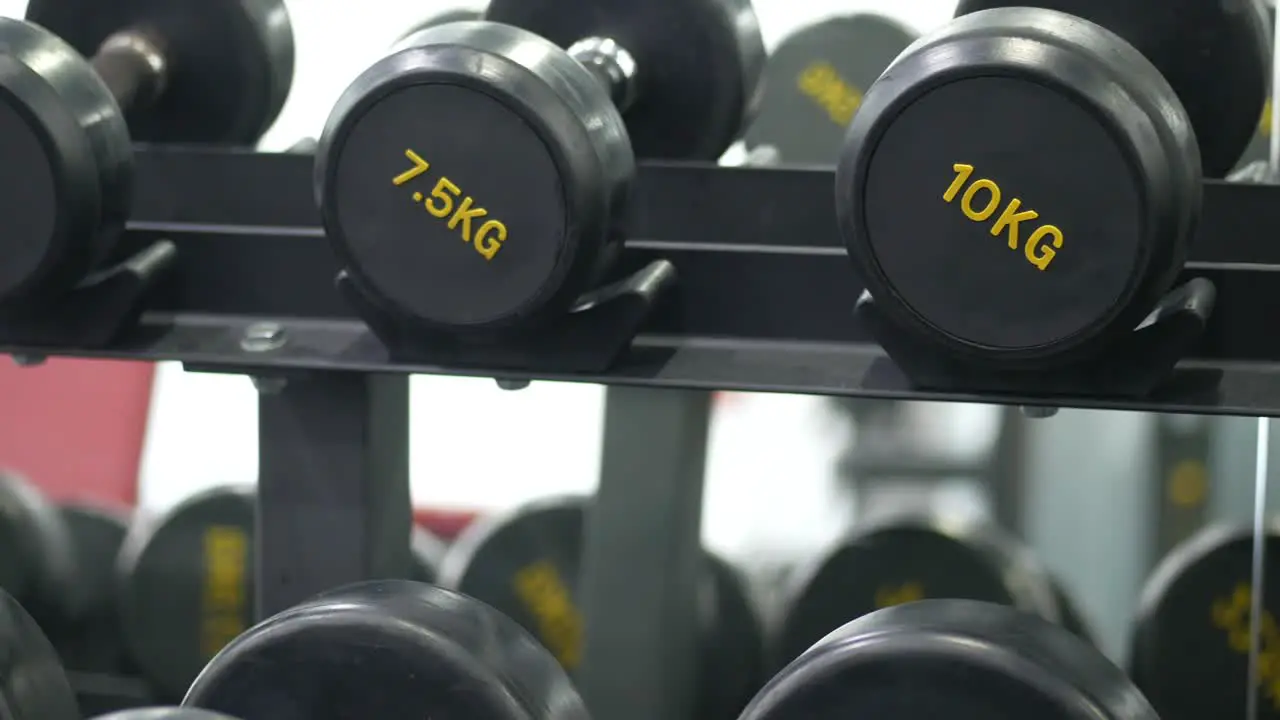 Rows of dumbbells in the gym