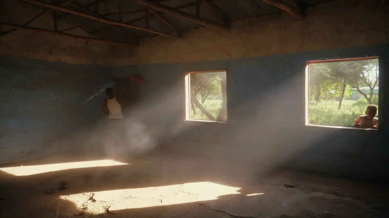 Local Ziway man removes dust from classroom walls using a basic broom