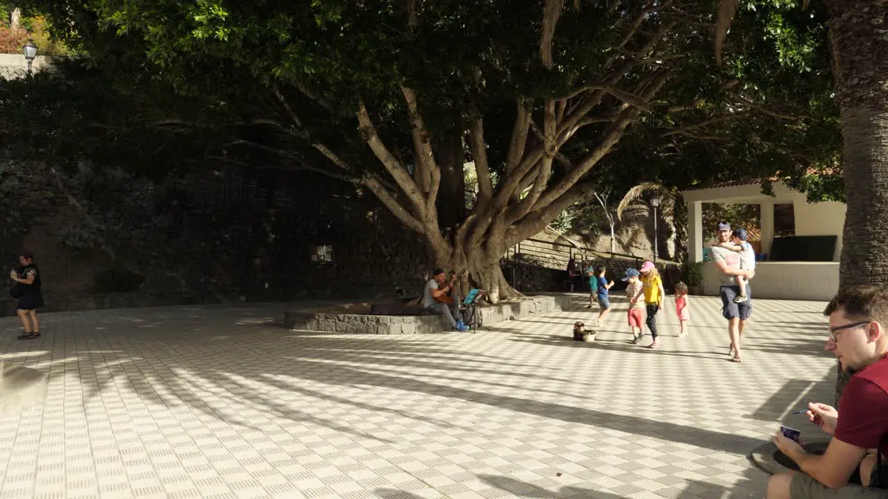 Street musician and kids on the square under a big tree in Masca