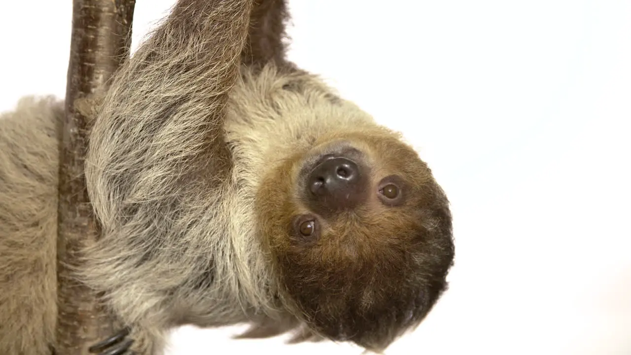 Sloth upside down hanging on a tree branch white background