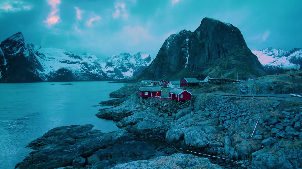 Stunning cinematic slow panning shot at dusk of Hamnoy Lofoten Norway