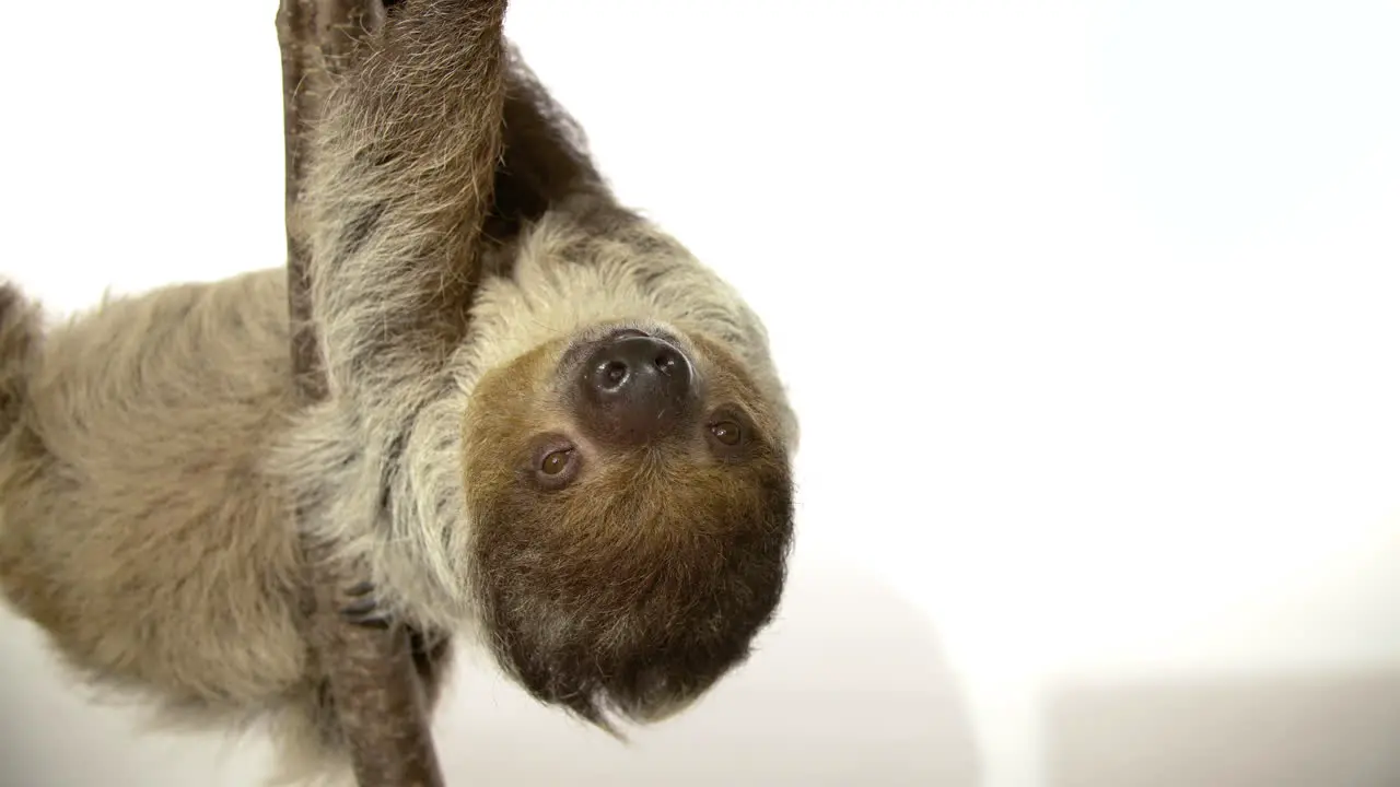 Upside down sloth on white background with negative space