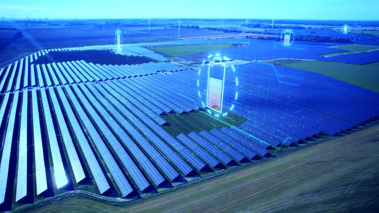 Blue color effect of Solar Panel Farm with charging battery level motion graphic on field outdoors at sun Futuristic Concept with digital graphic Technological concept