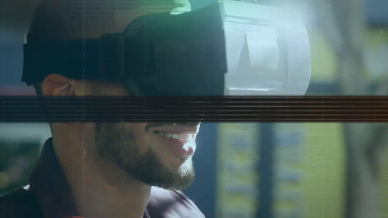 Animation of glowing green light trails over man wearing vr headset