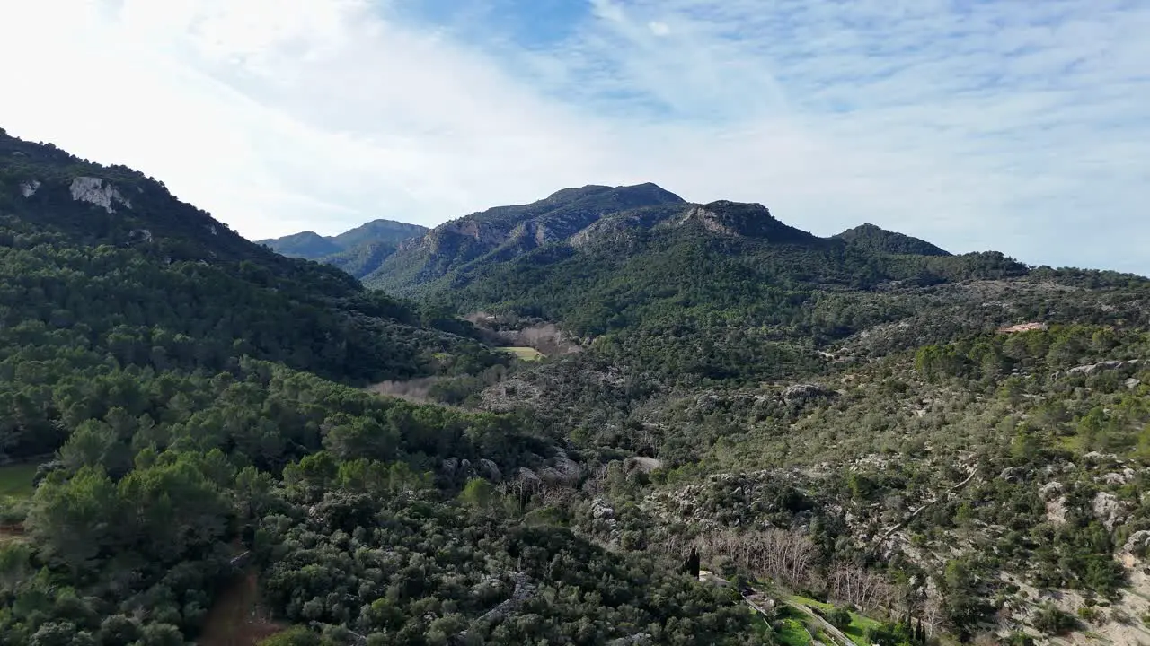 Drone shot showing greened mountains of Mallorca near Esporles during sunny day Panorama shot