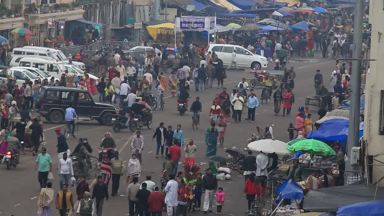 Top down view of a crowded and busy street in the city of Puri in India