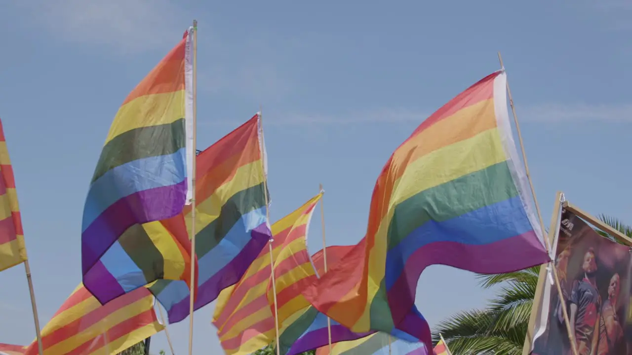 Rainbow flags flapping in the wind at Pride festival on the Isle of White 2018