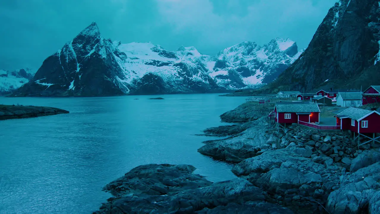 Cinematic dusk shot of Hamnoy Norway