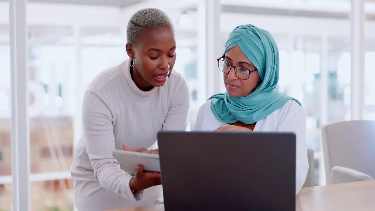 Laptop office and manager helping an employee