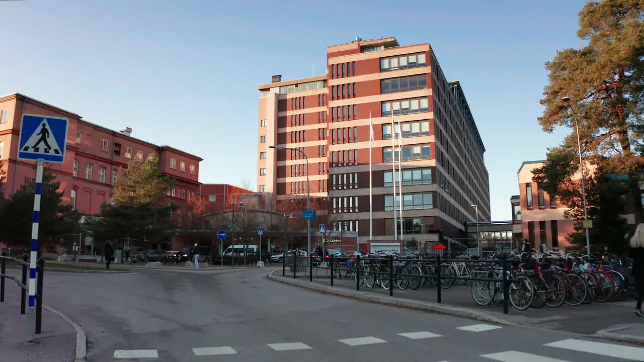 Cinematic establishing shot of Gavle hospital in the east of Sweden