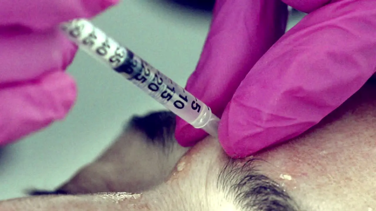 Close up of a woman's face receiving Botox injections