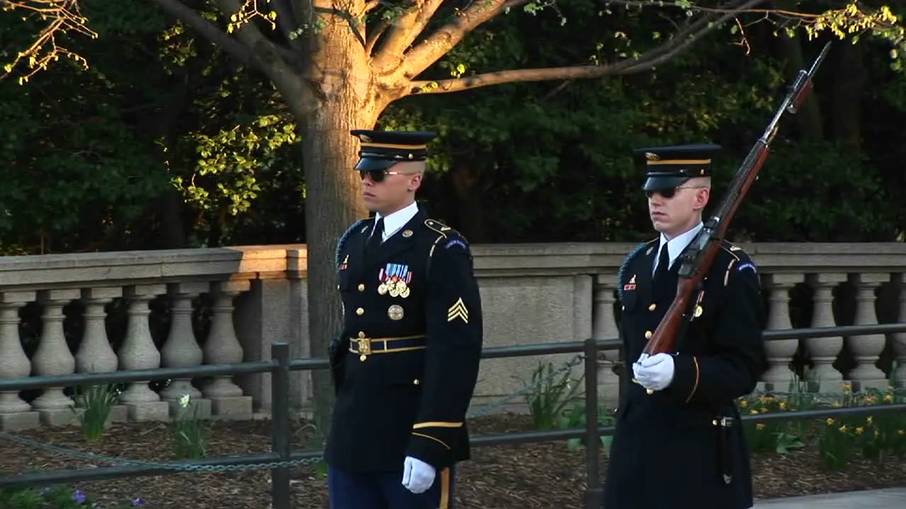 Soldiers March Side By Side Toward A Monument In Washington Dc