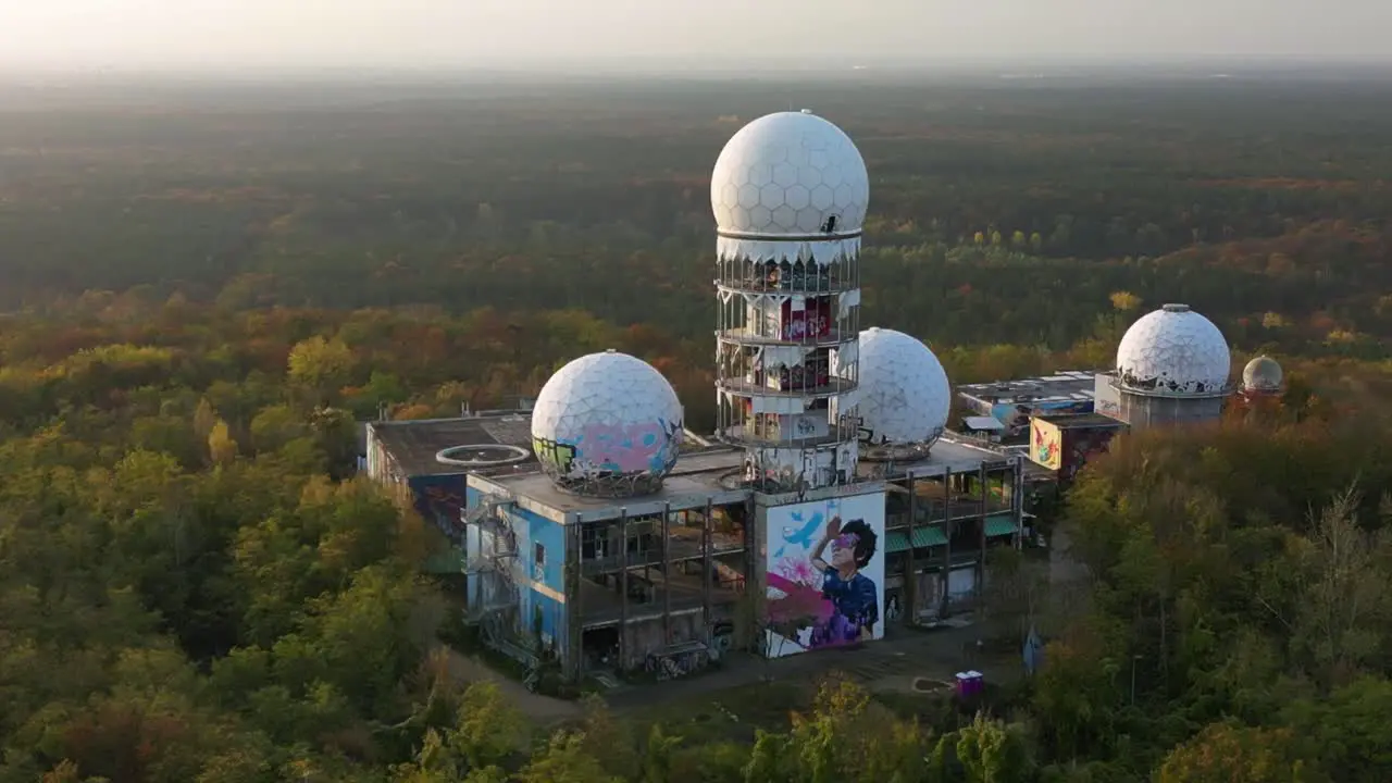 Perfect aerial view flight panorama overview orbit drone of Radom in
autumn forest at morning sunrise devil's mountain in woods berlin October 2022