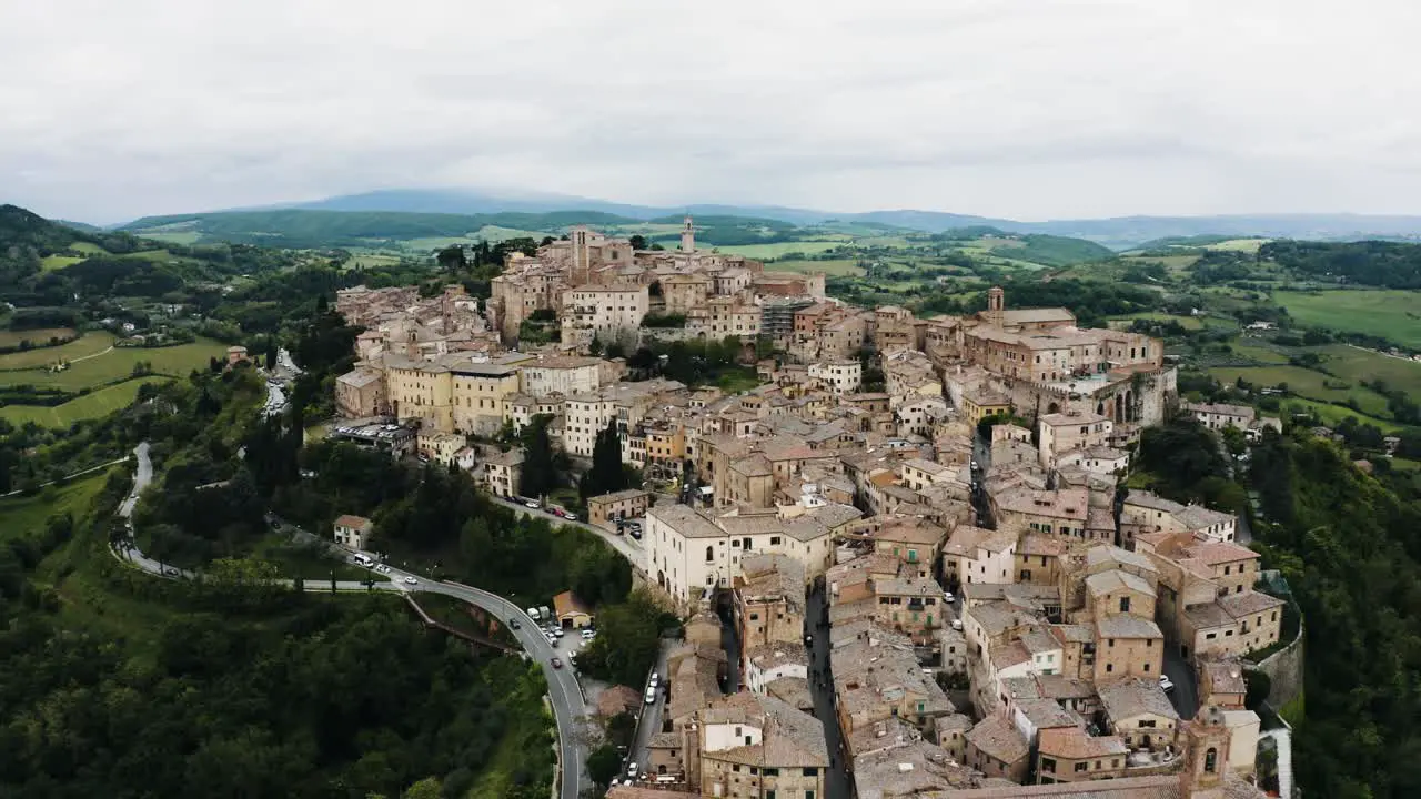 Wide drone shot of Montepulciano Tuscany in Italy's rural countryside