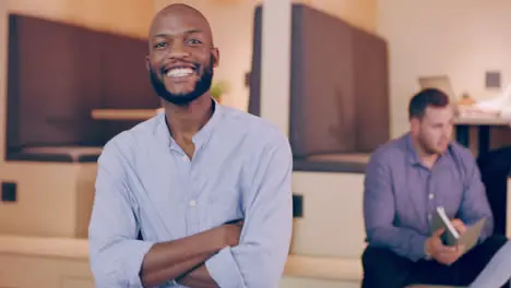 Black man smile and portrait in business meeting