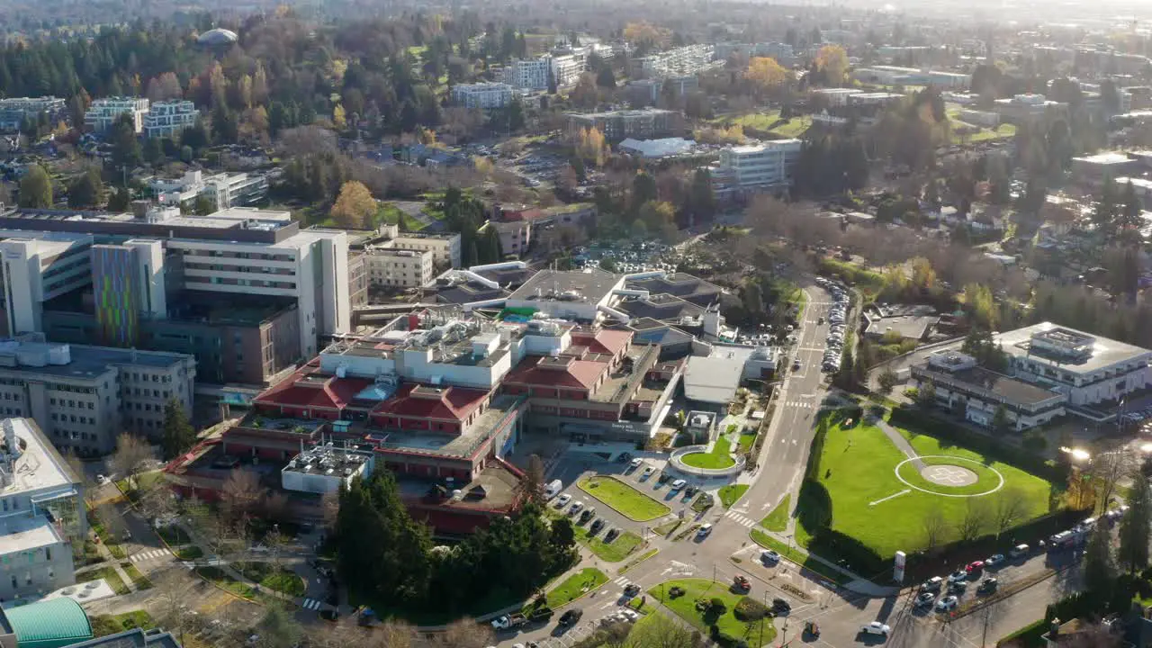 The Brock Fahrni Pavilion at the Women's Health Centre in BC Children's Hospital Vancouver British Columbia Canada aerial orbit in UHD on a sunny day