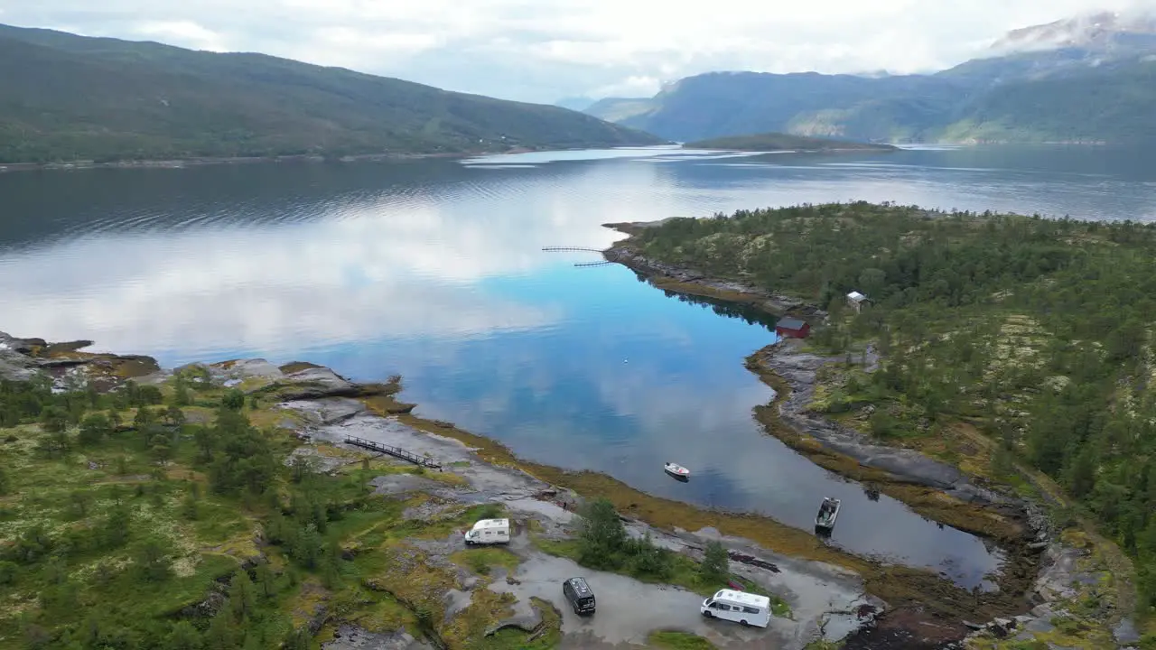 RV Campers Wildcamping at Lake in Norway Aerial 4k