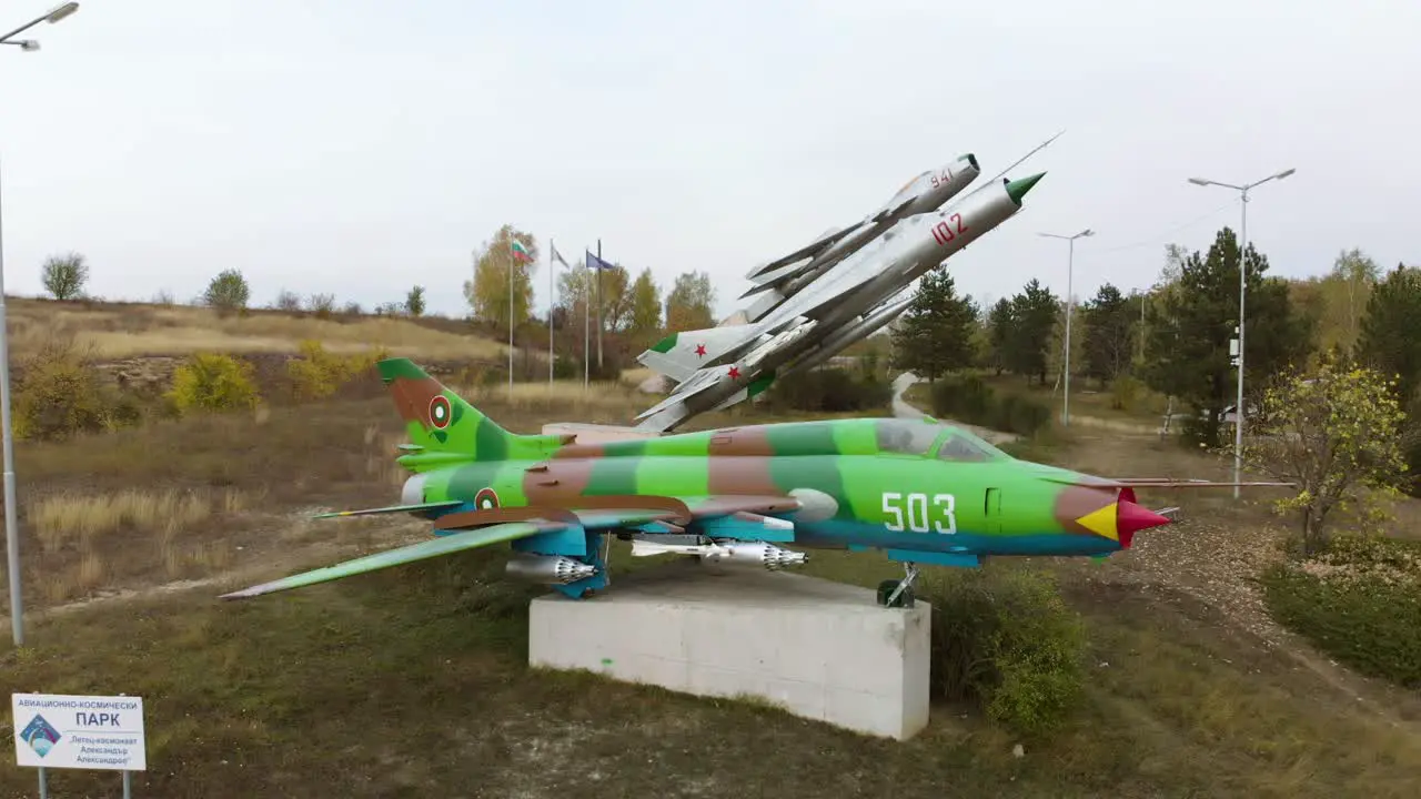 Aerial panning shot of airplane fighters museum