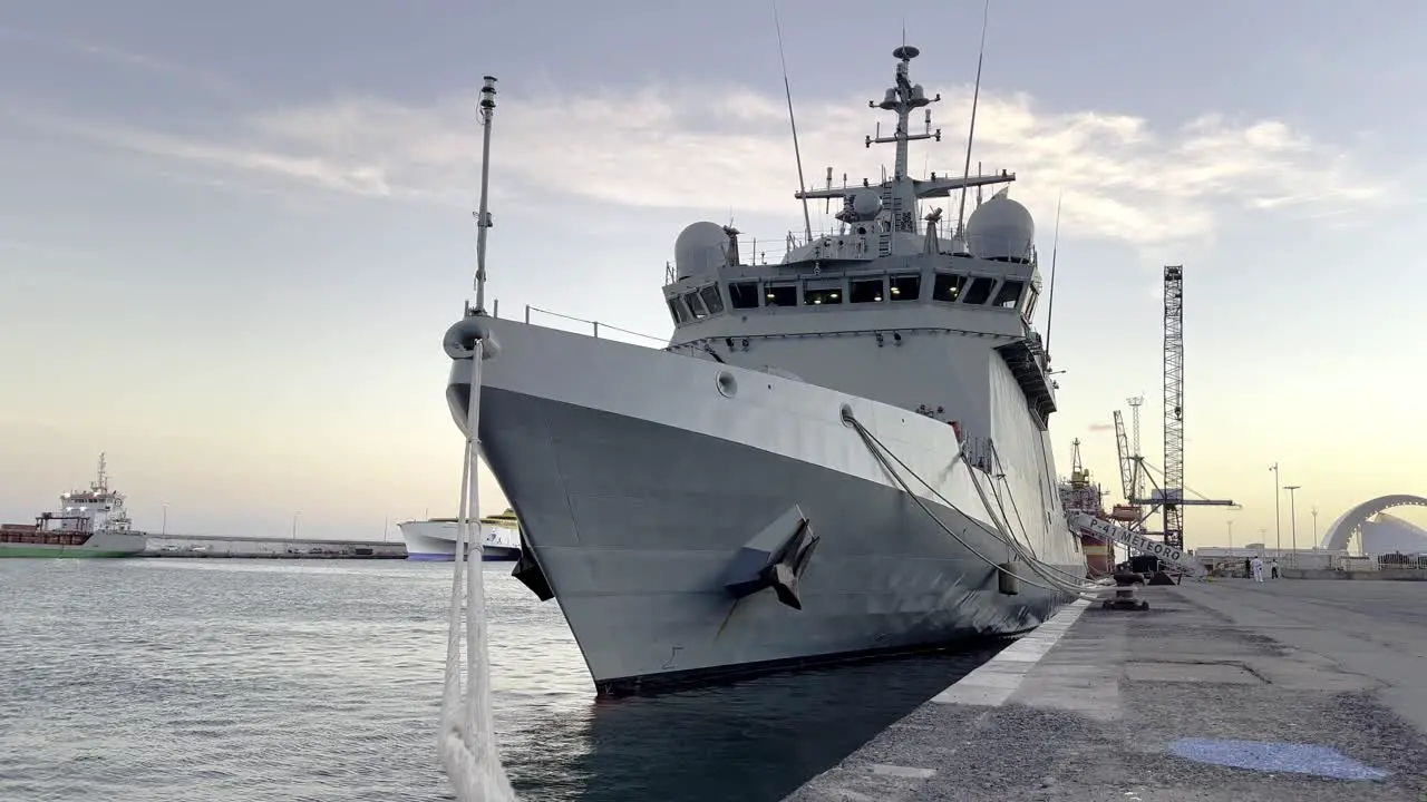 Front view of the patrol boat P41 Meteoro of the Spanish Navy docked in the port of Santa Cruz de Tenerife at sunset