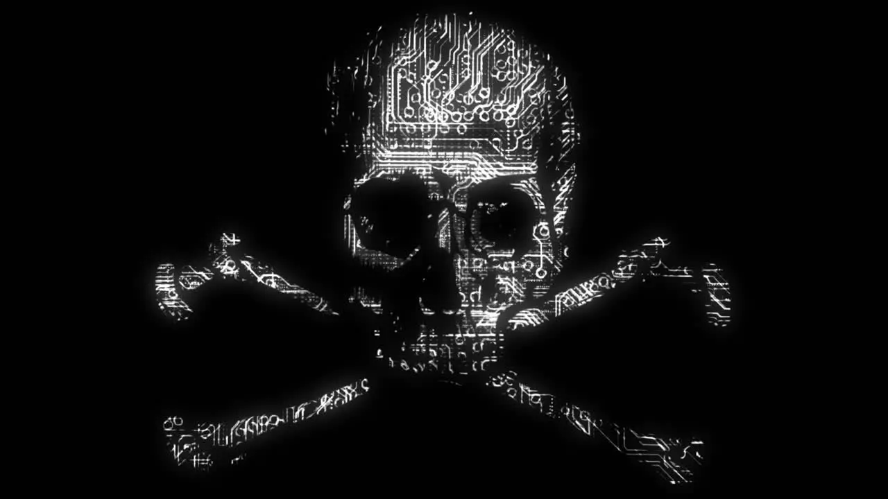 Alarming animated cyber hacking skull and cross bones symbol with animated circuit board texture in white color scheme on a black background