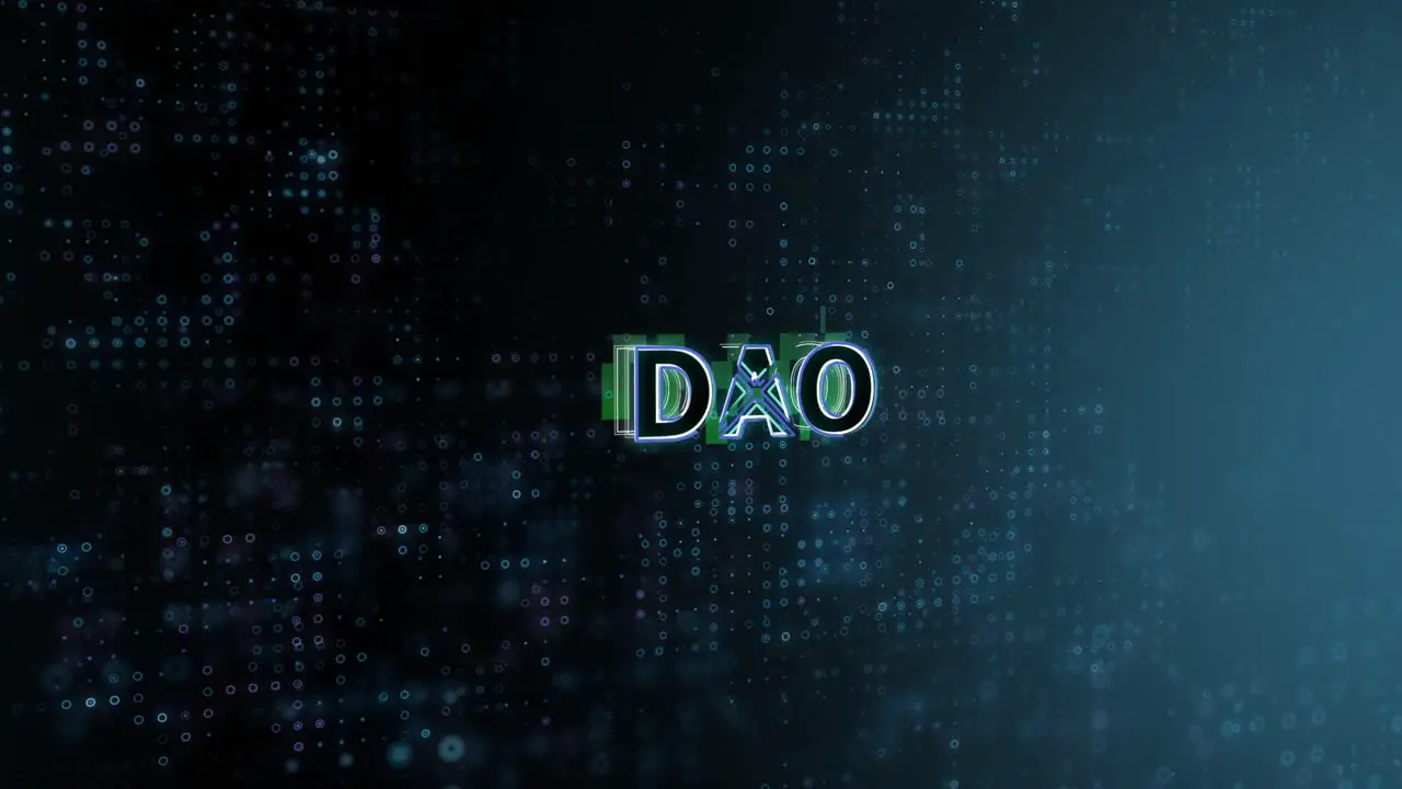 DAO Concept Text Reveal Animation with Digital Abstract Technology Background 3D Rendering for Blockchain Metaverse Cryptocurrency