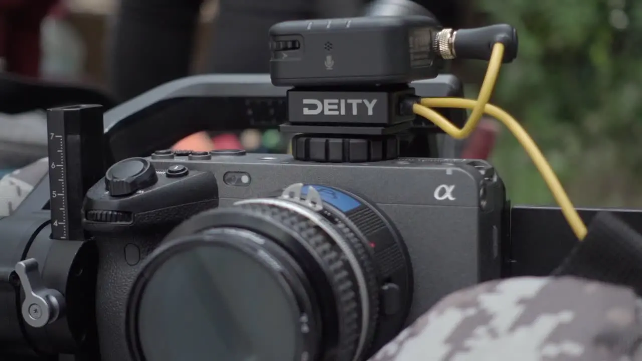 Close-up bokeh shot of a Sony FX3 cinema rig ready to shoot on a film set