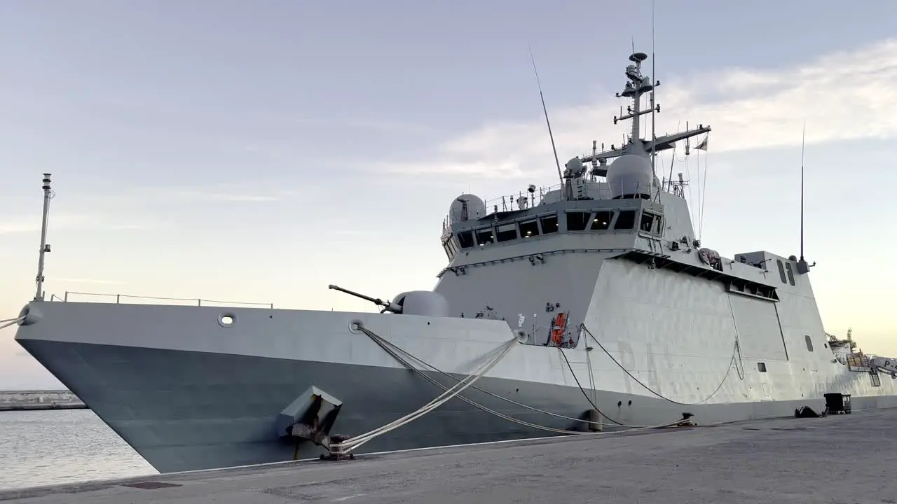 Patrol boat P41 Meteoro of the Spanish Navy docked in the port of Santa Cruz de Tenerife at sunset