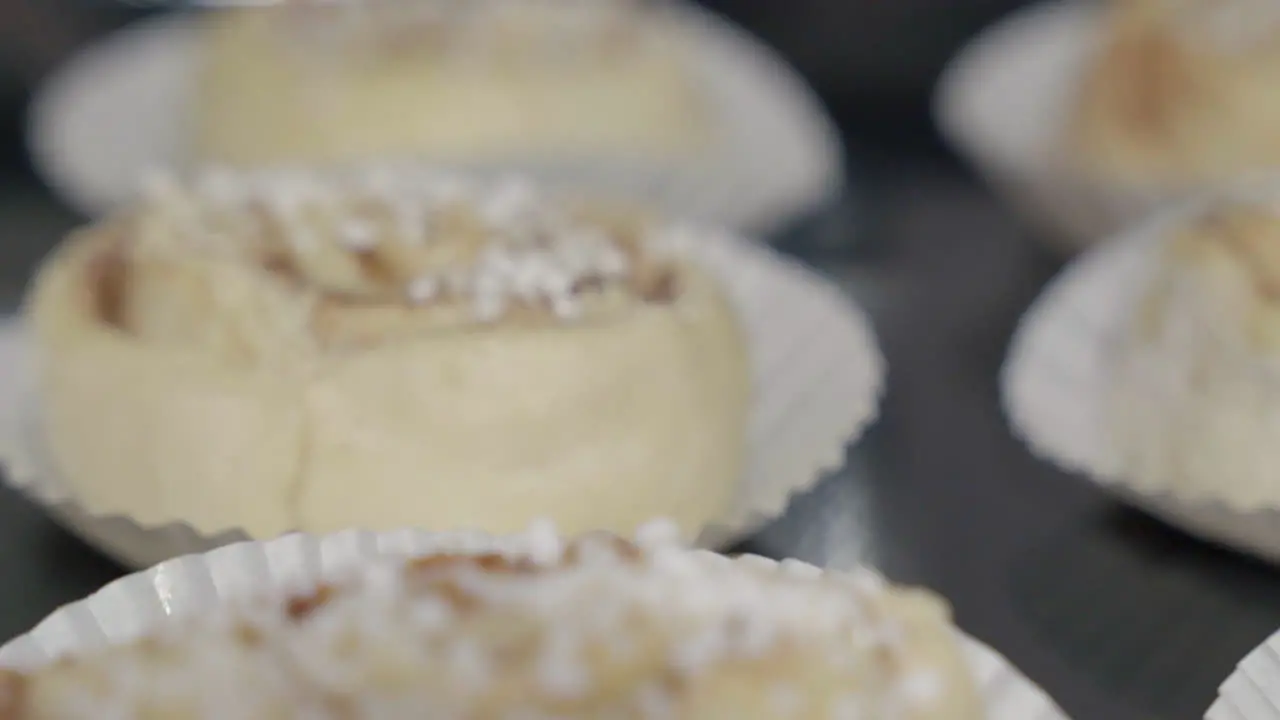 Extreme close up slide of a tray with unbaked cinnamon buns