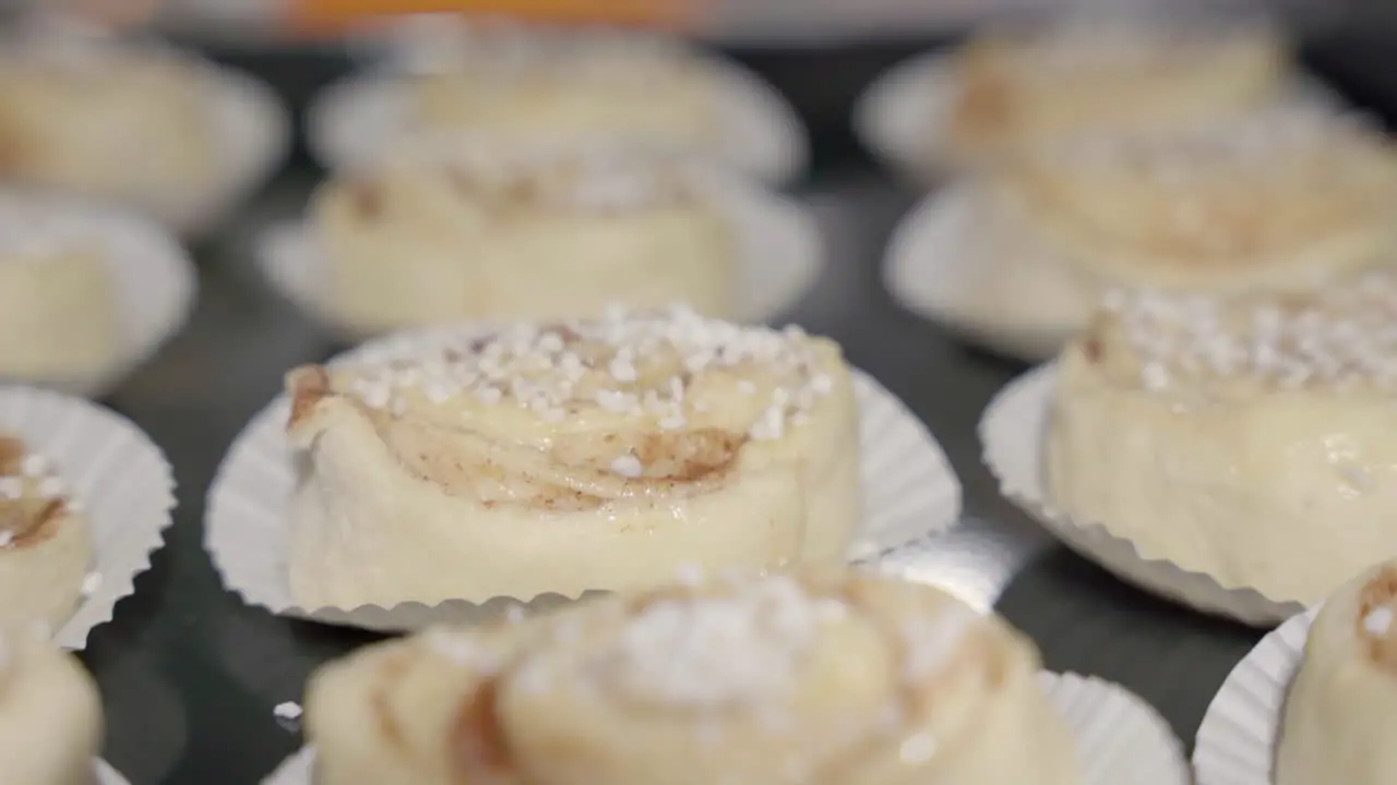 Close up slow slide over a tray with unbaked cinnamon buns