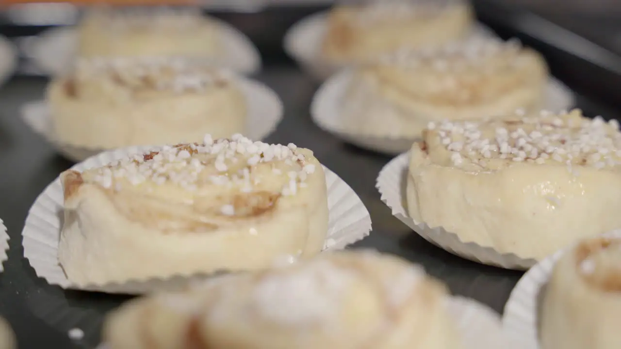 Close up of unbaked cinnamon buns