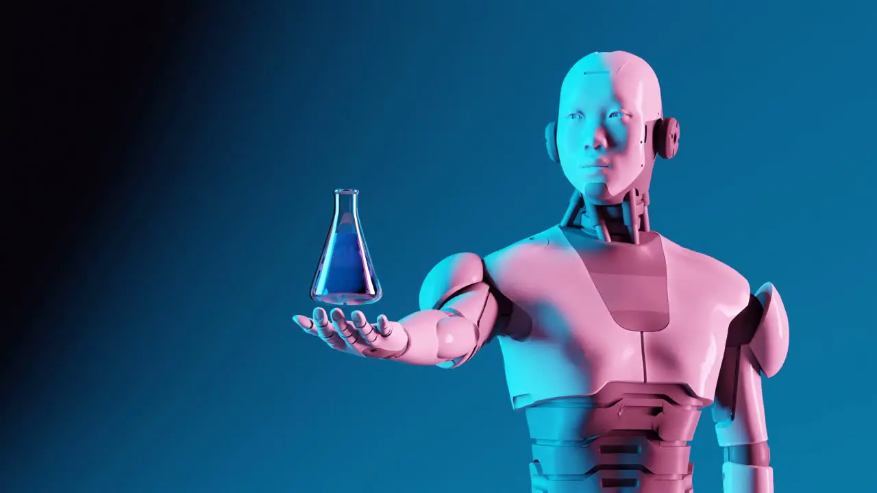 Thinking AI hominoid robot holding hologram of lab blister glass using artificial intelligence 3D rendering animation