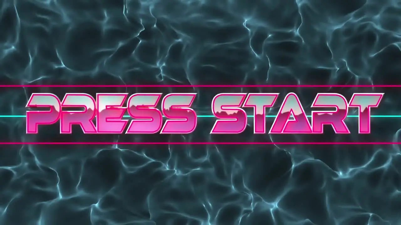 Animation of pink neon words Press Start over blue liquid background