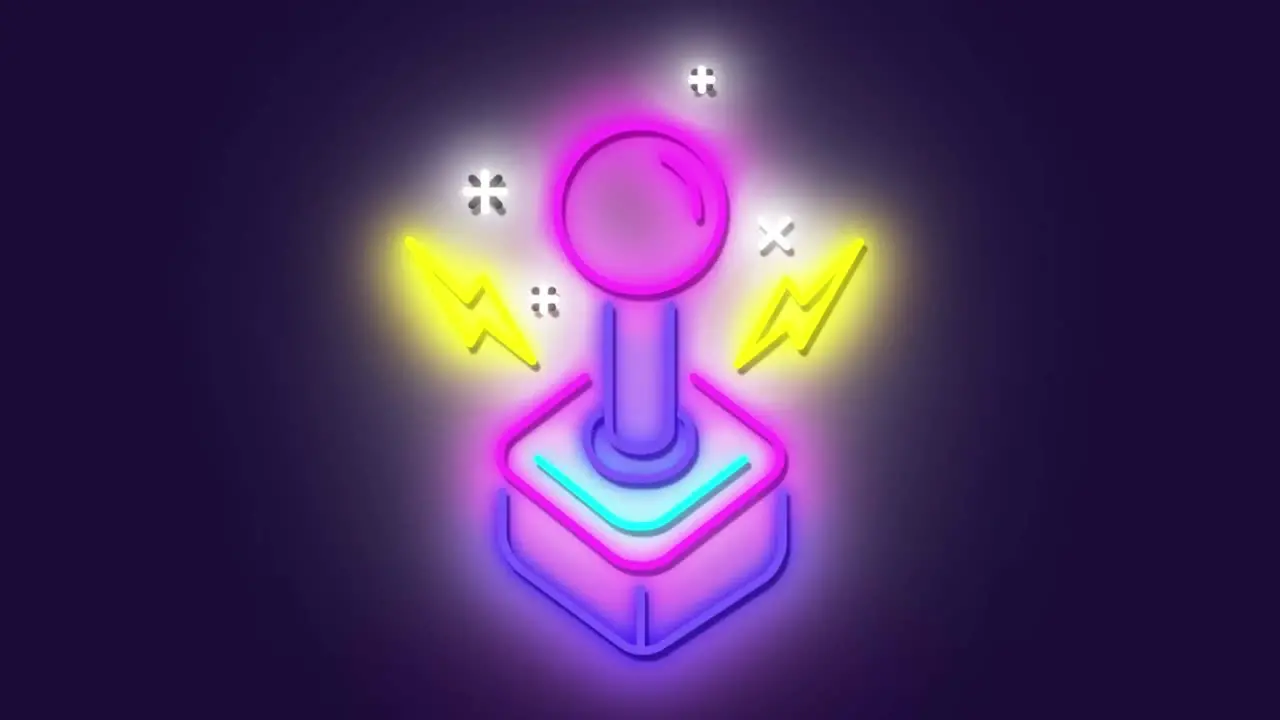 Animation of neon video game controller icon against blue background