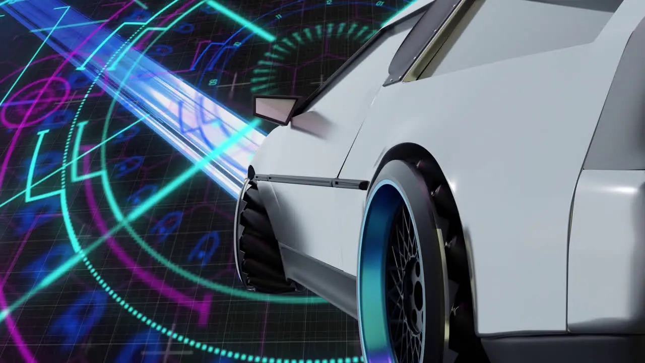 Animation of futuristic white car over scanner lights and interface screen on black