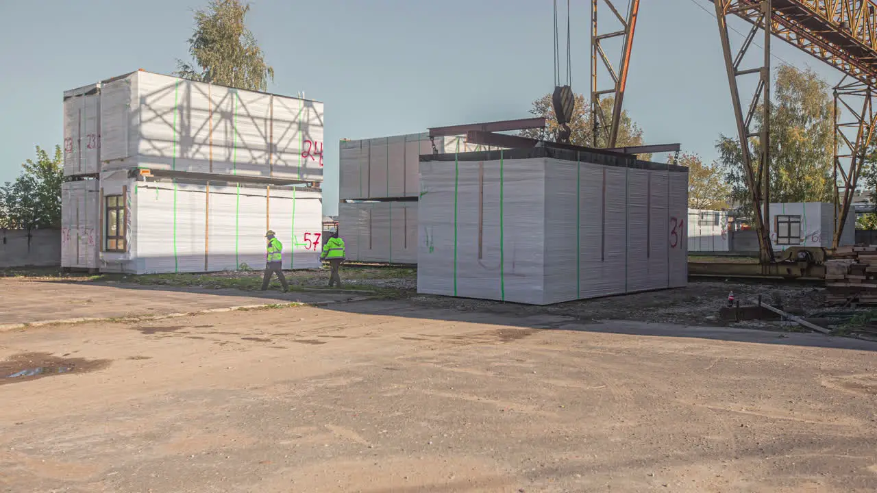 Timelapse shot of crane lifting up and placing a white container room over a truck for transportation at daytime