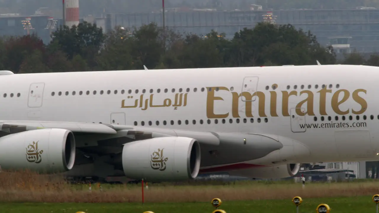 Emirates Airbus A380-800 Superjumbo Jet stands at the airport