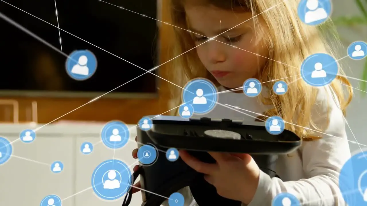 Network of profile icons against caucasian girl holding vr headset at home