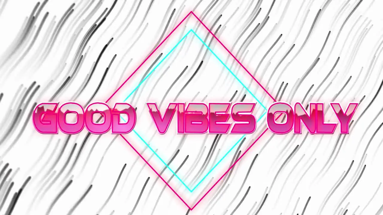 Animation of good vibes only text over neon banner against wavy lines in seamless pattern