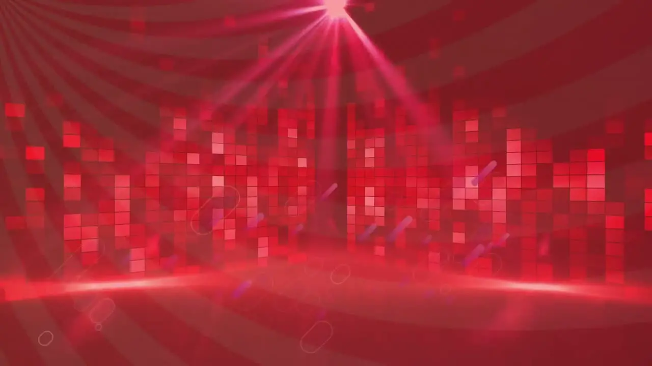 Animation of purple shapes and stripes over red disco lights