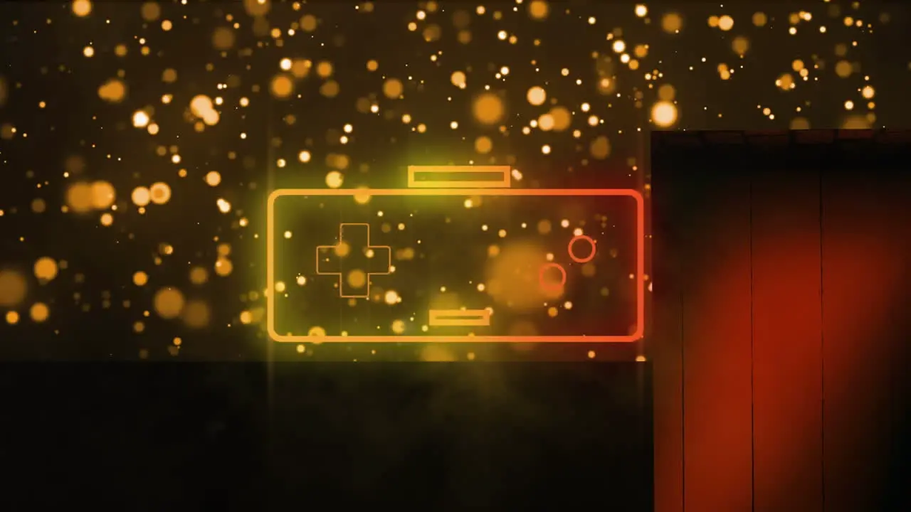 Animation of neon nintendo over lights and geometrical shapes