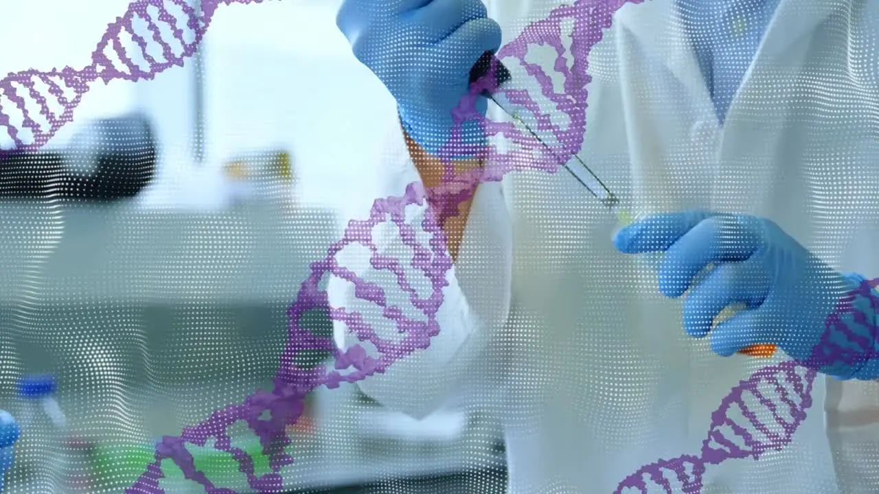 Animation of dna structures spinning over mid section of two male scientists working at laboratory