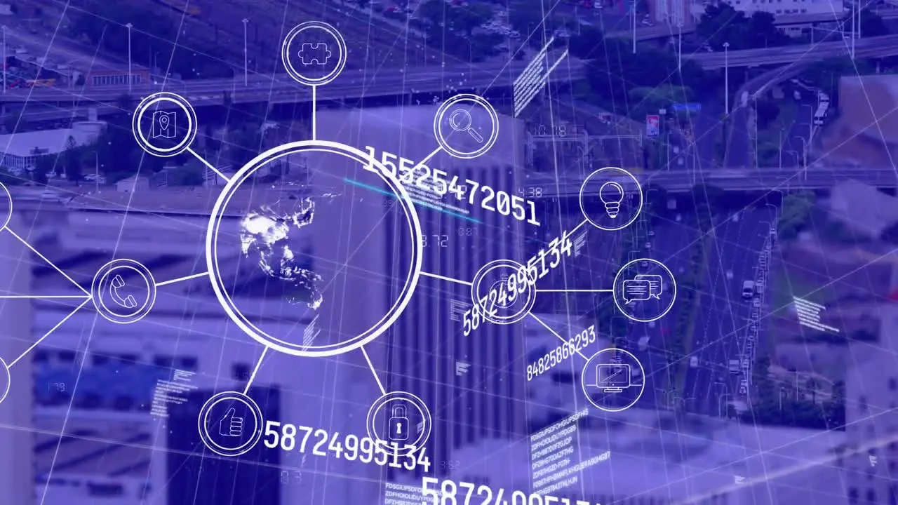 Animation of web of connections digital icons and scientific data processing over cityscape