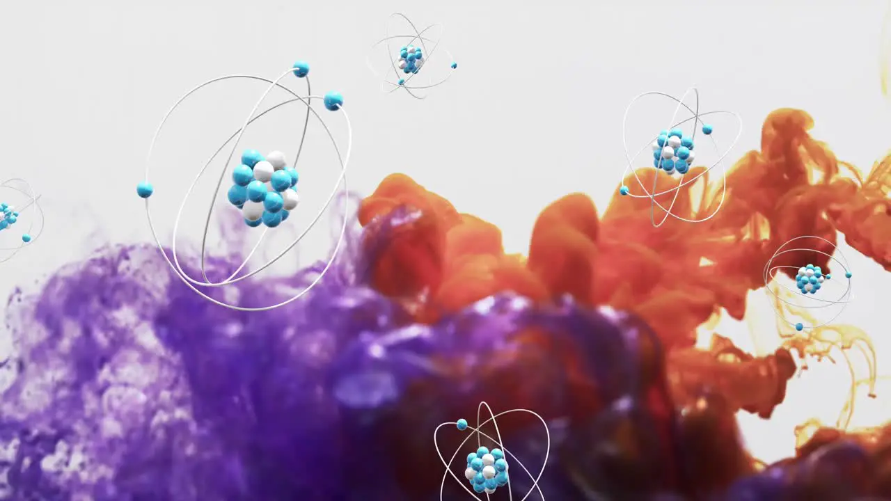 Animation of molecules over colourful liquid on white background