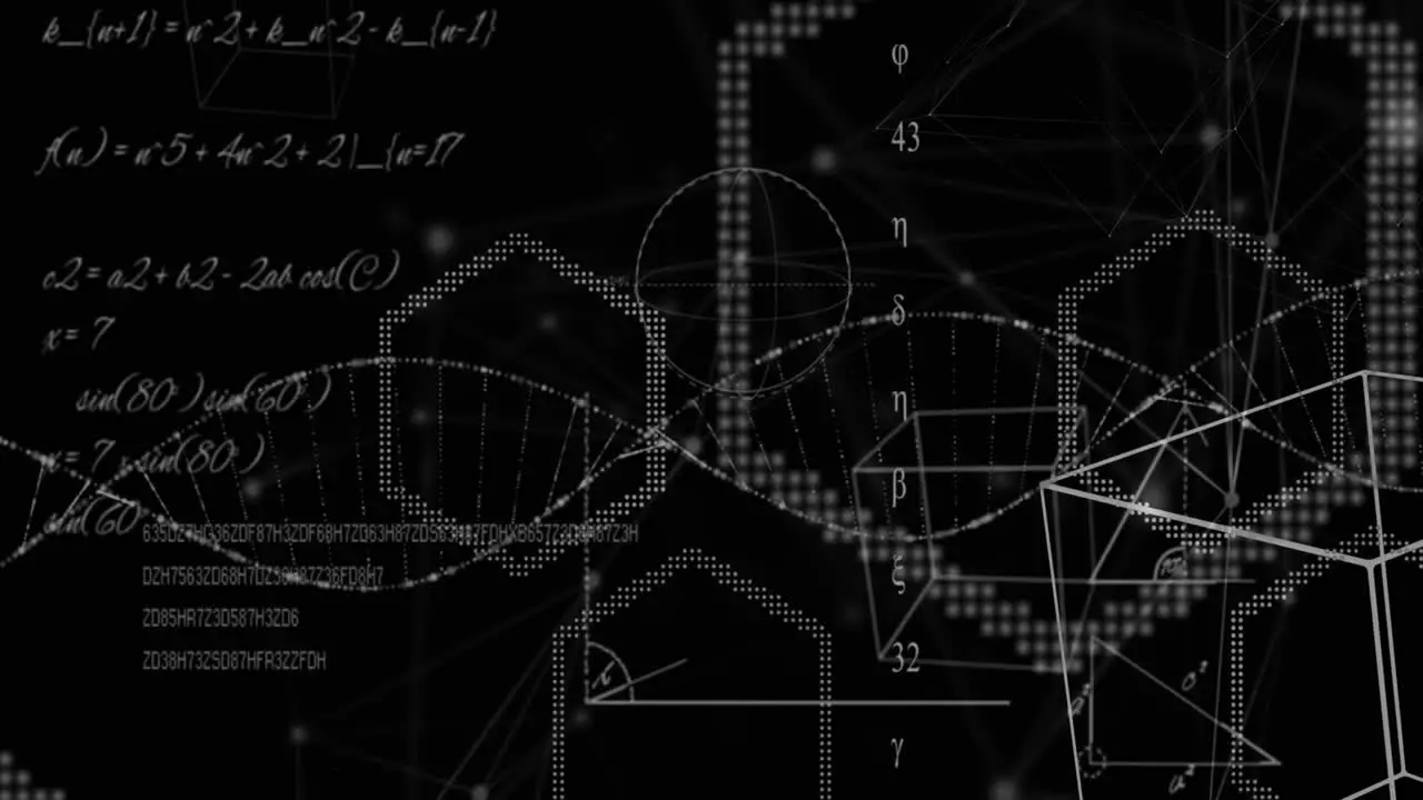 Animation of mathematical equations over dna structure and hexagonal shapes on black background