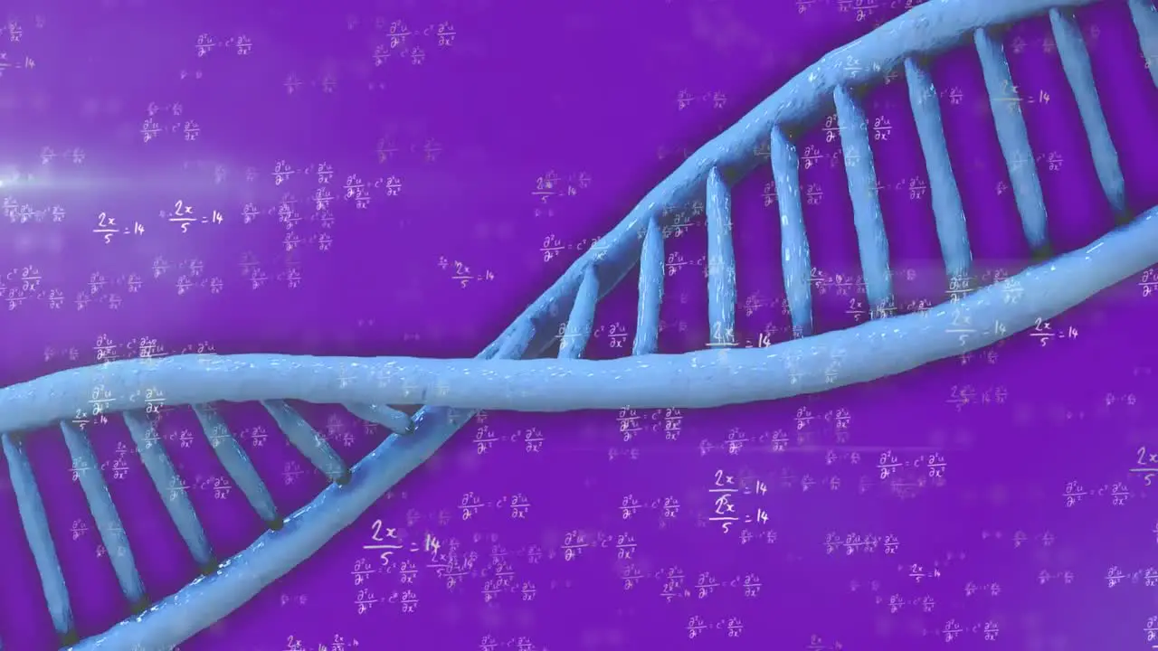 Animation of dna strand spinning and mathematical data processing over purple background