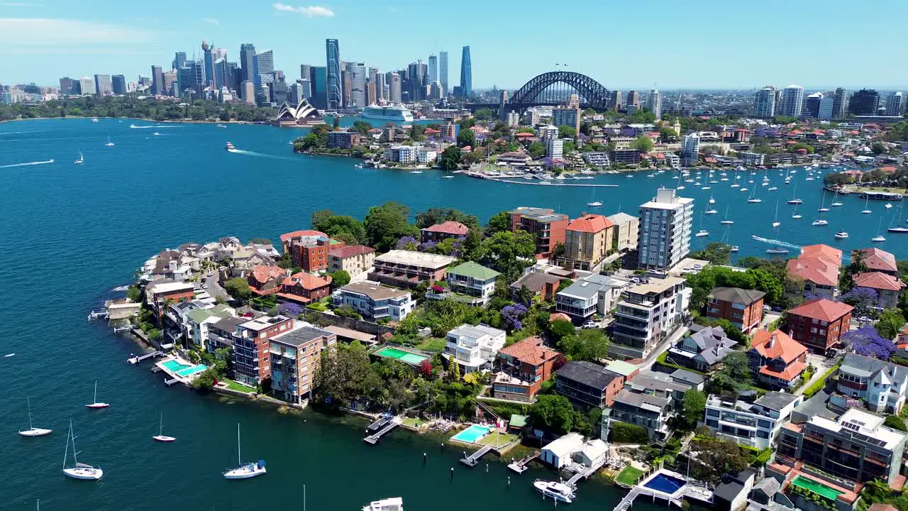 Drone aerial landscape Sydney City CBD skyline view Sydney Harbour Bridge Opera House tower bay yacht tourism travel residential housing Cremorne Point Neutral Bay Kirribilli NSW Australia 4K