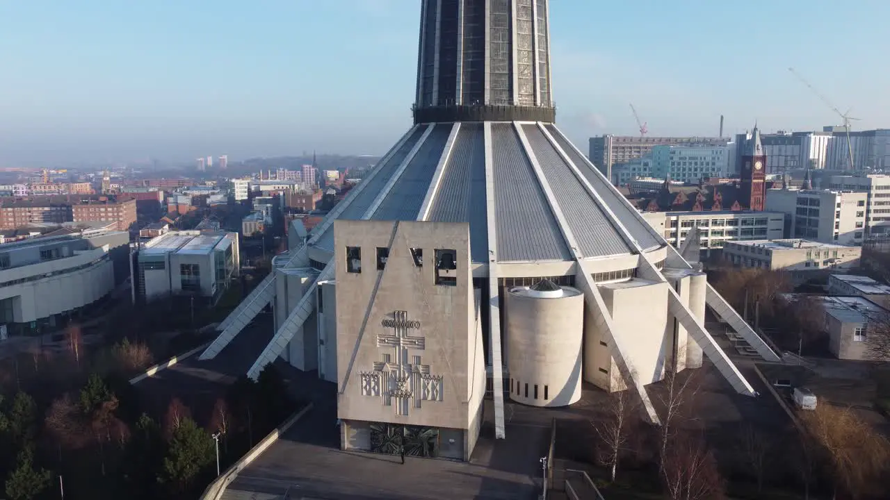 Liverpool Metropolitan cathedral contemporary city famous landmark aerial orbit right